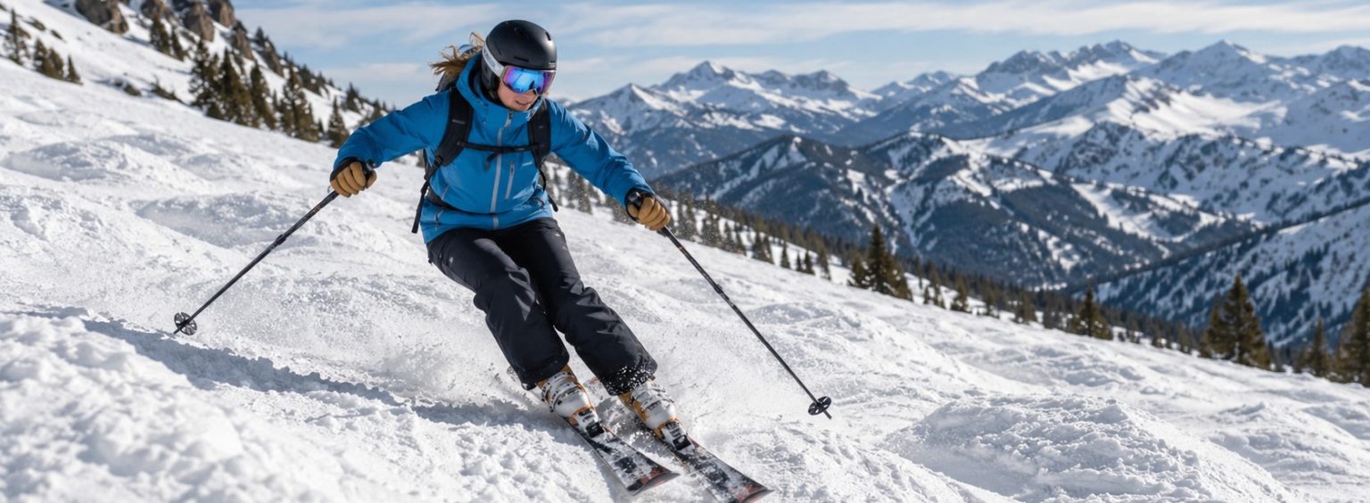 Skieuse en veste bleue avec sac à dos descendant une pente enneigée, ski de randonnée femme