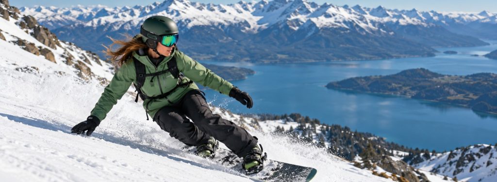 Snowboardeuse en veste verte en plein virage sur une piste enneigée, apprendre le snowboard adulte