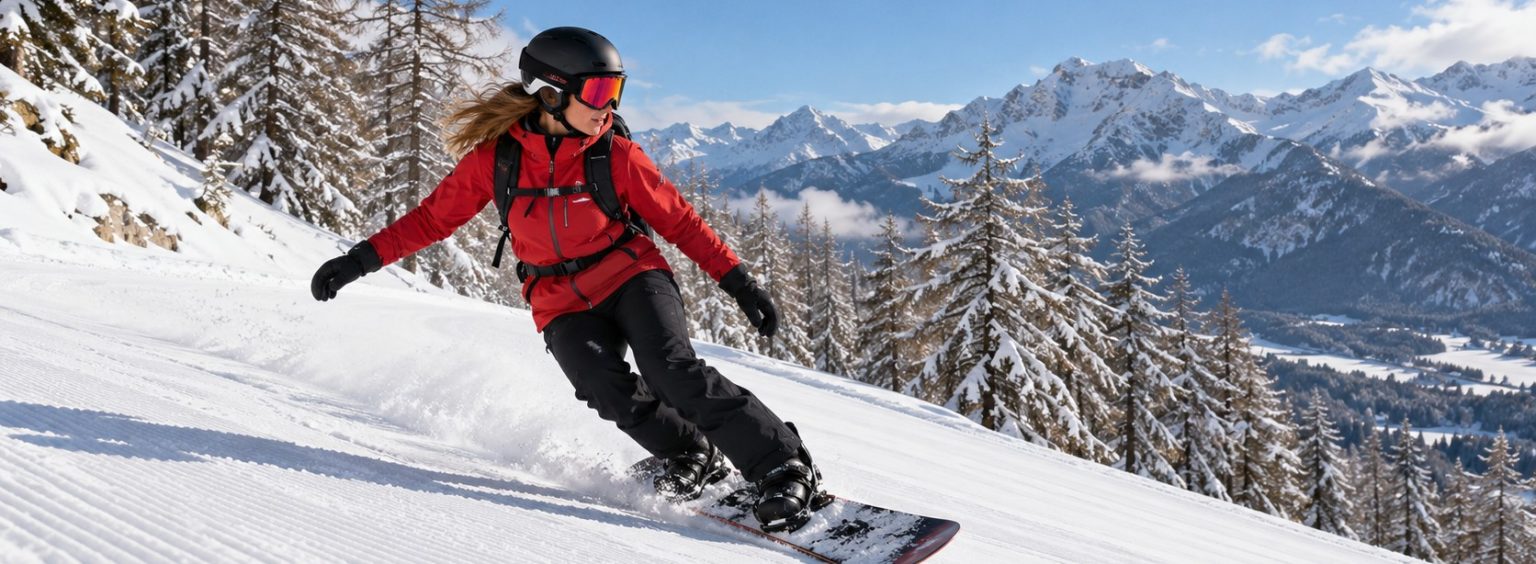 Snowboardeuse débutante en veste rouge sur une piste damée : ski ou snowboard pour débuter